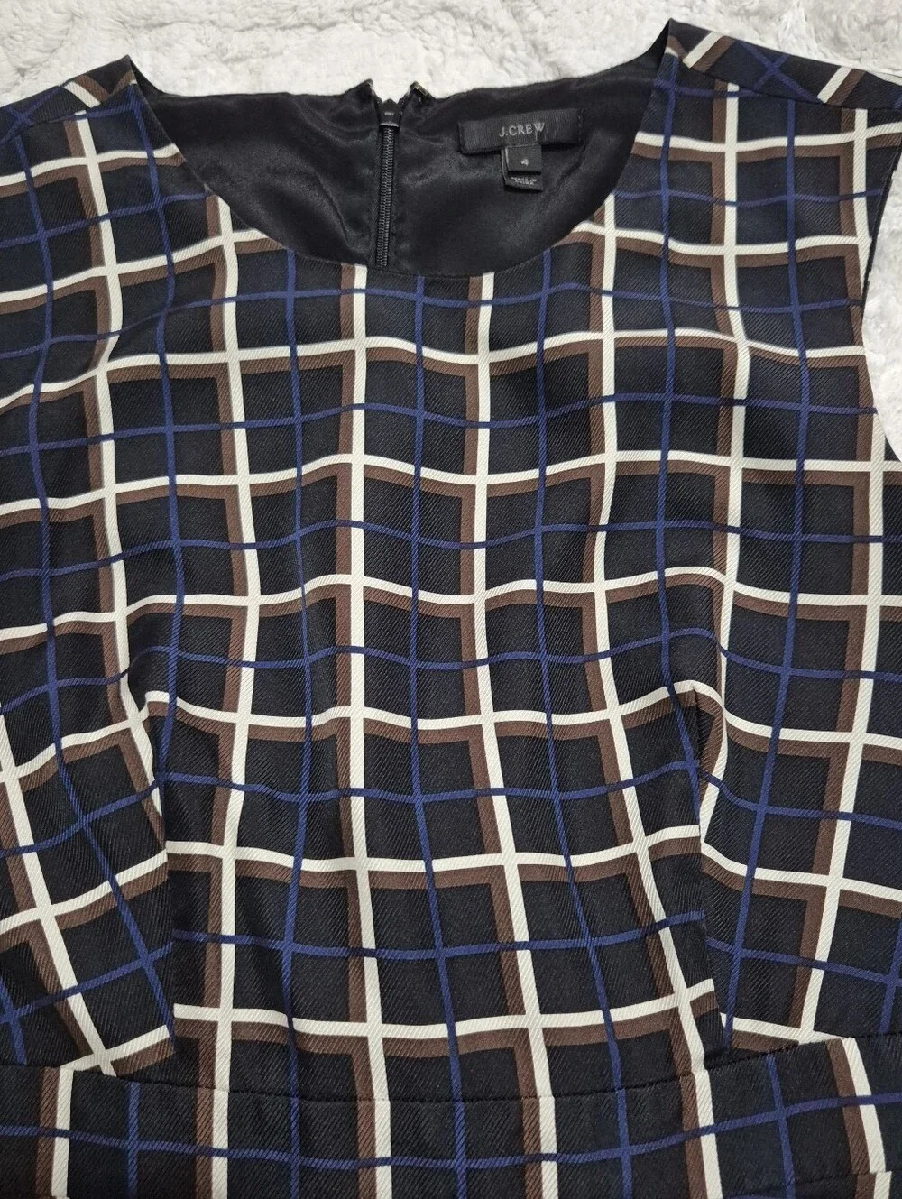 J. Crew Navy and White Windowpane Sleeveless Midi Dress...Size:4 100% Silk